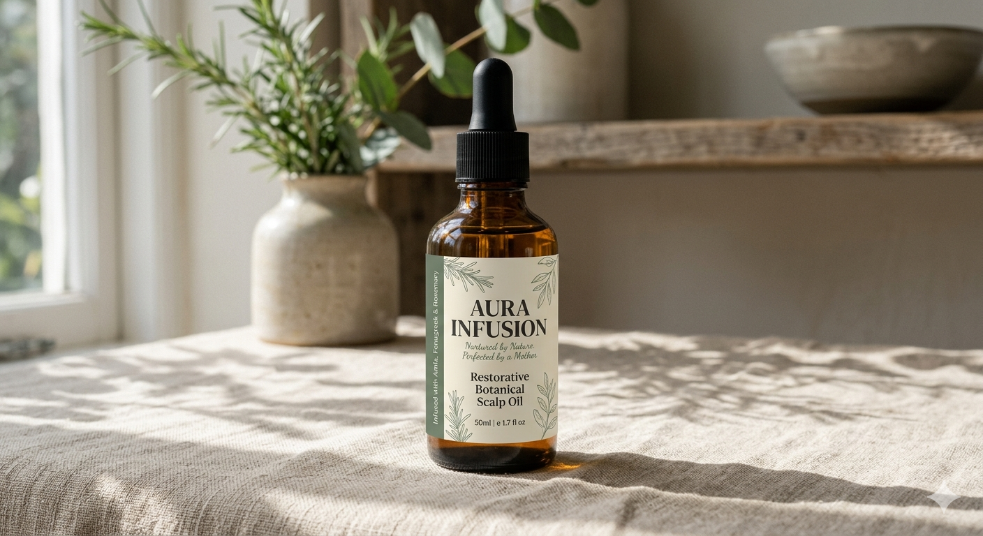 Bottle of Aura Infusion botanical scalp oil.