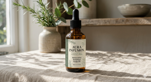 Bottle of Aura Infusion botanical scalp oil.